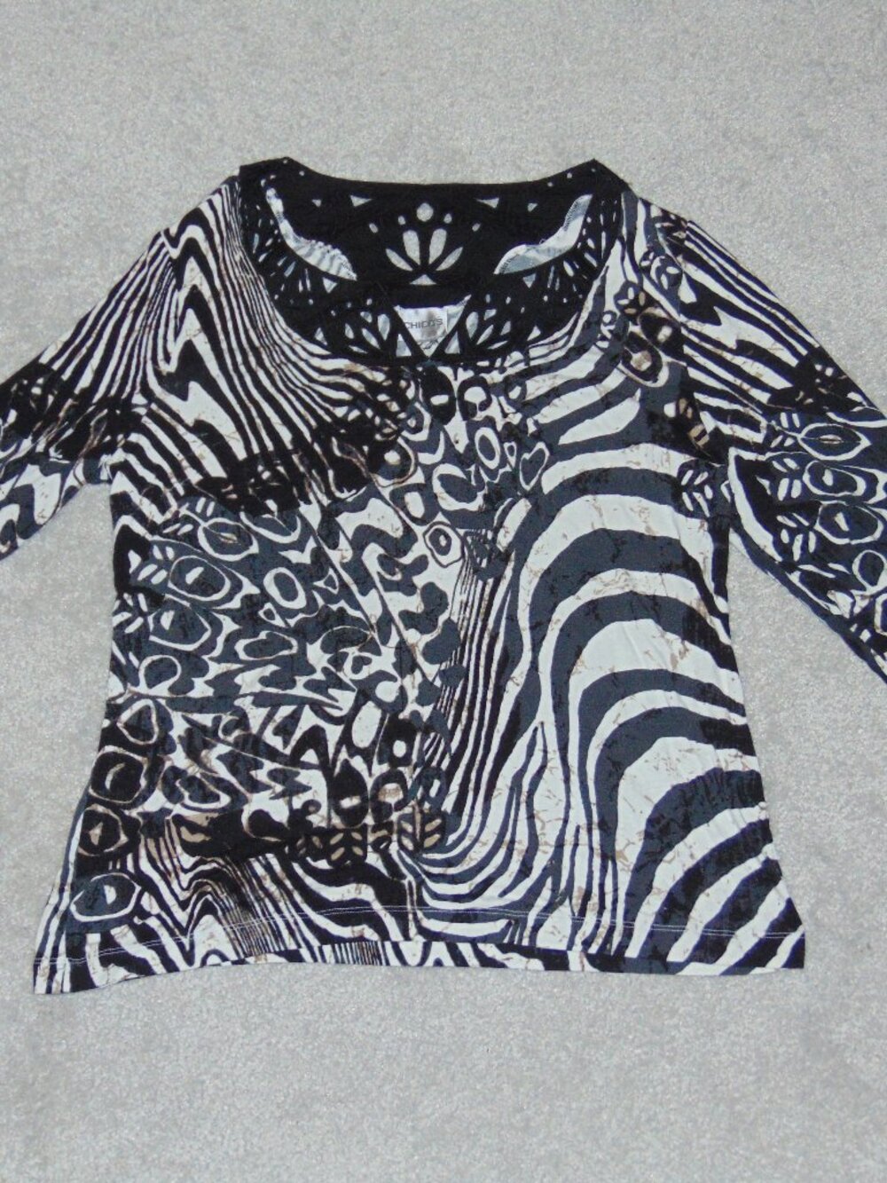 Chico's Women Long Sleeve Blouse Top Size Large Black Animal Printed